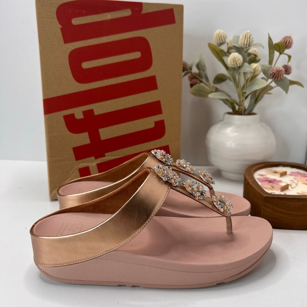 FitFlop Galaxy Crystal Embellished Toe-Thong Sandals Rose Gold Women 9/EU41 NWB - Picture 4 of 11